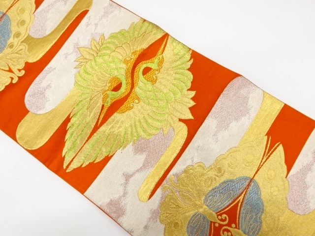 JAPANESE KIMONO / ANTIQUE FUKURO OBI / SILK / WOVEN CRANE & BUTTERFLY